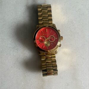 Michael Kors MK Chronograph Gold Tone Watch – Red Sunburst Dial – 43mm